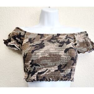 Better Be Green Brown Camo Print Off The Shoulder Cropped Top Medium Lightweight